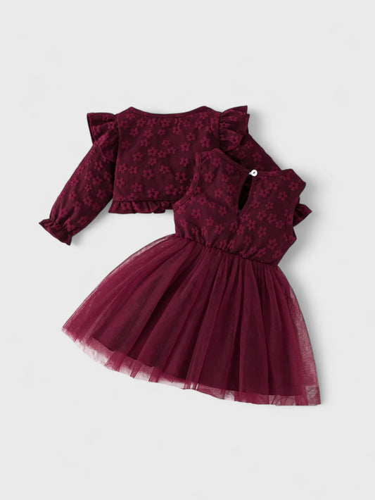 2 Pc Baby Girl Flower Emboss Dress and Cardigan