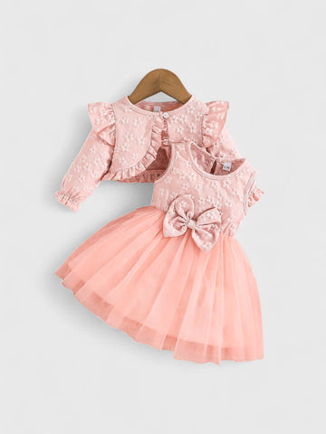 2 Pc Baby Girl Flower Emboss Dress and Cardigan