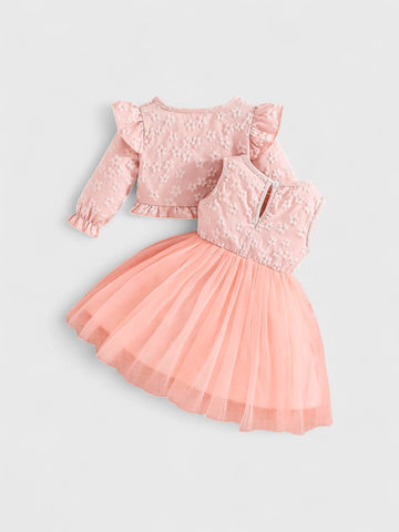 2 Pc Baby Girl Flower Emboss Dress and Cardigan