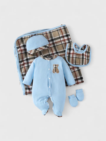 5 Pc Baby Boy Plaid Sleeper Gift Set