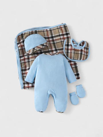 5 Pc Baby Boy Plaid Sleeper Gift Set