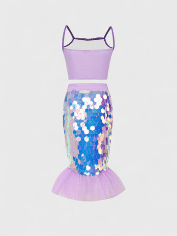 2 Pcs Girls Sequin Scale Mermaid Costume