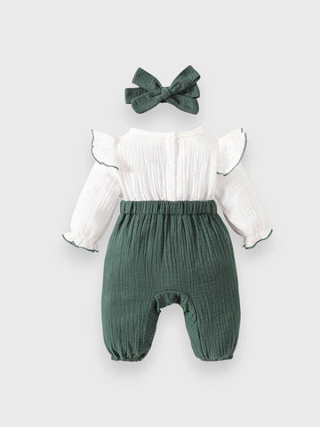 2 Pc Baby Girl Ruffle Collar Contrast Bodysuit