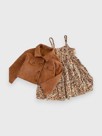 2 Pcs Toddler Baby Girl Ditsy Floral Layered Cami Dress with Corduroy Jacket