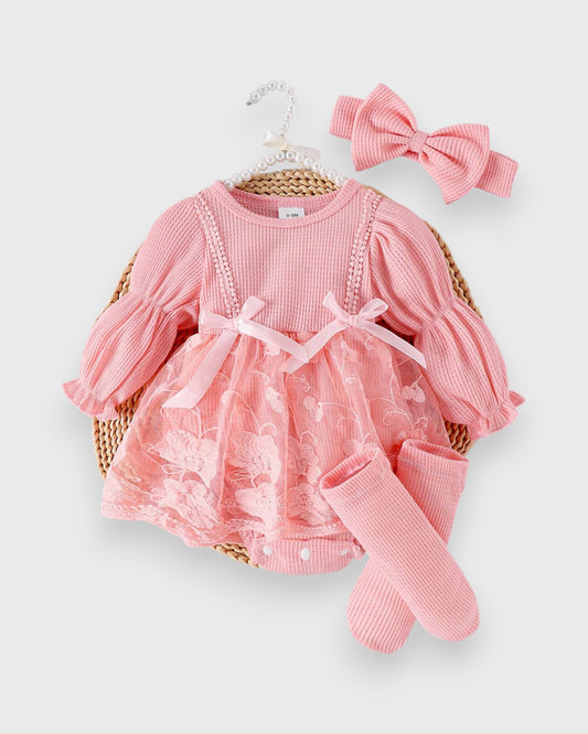 3 Pc Baby Girl Waffle Knit Lave Overlay Bodysuit