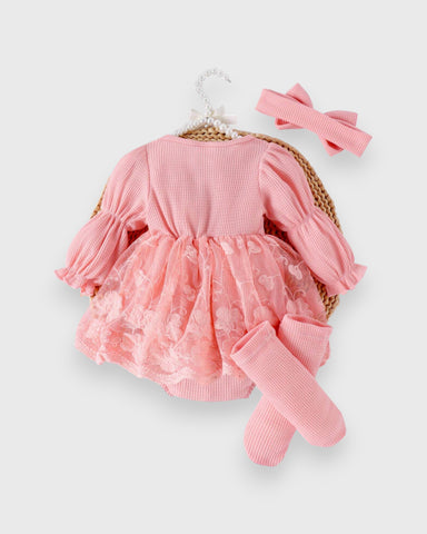 3 Pc Baby Girl Waffle Knit Lave Overlay Bodysuit