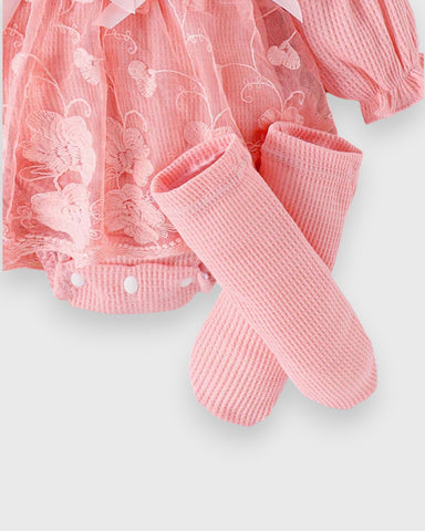 3 Pc Baby Girl Waffle Knit Lave Overlay Bodysuit