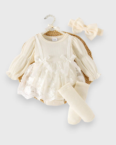 3 Pc Baby Girl Waffle Knit Lave Overlay Bodysuit
