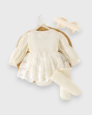 3 Pc Baby Girl Waffle Knit Lave Overlay Bodysuit
