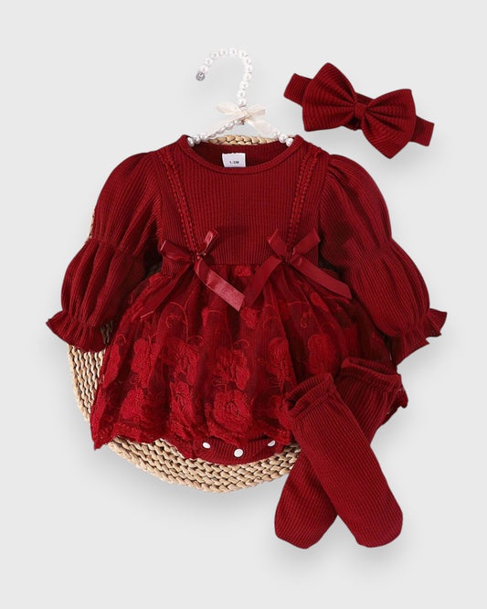 3 Pc Baby Girl Waffle Knit Lave Overlay Bodysuit