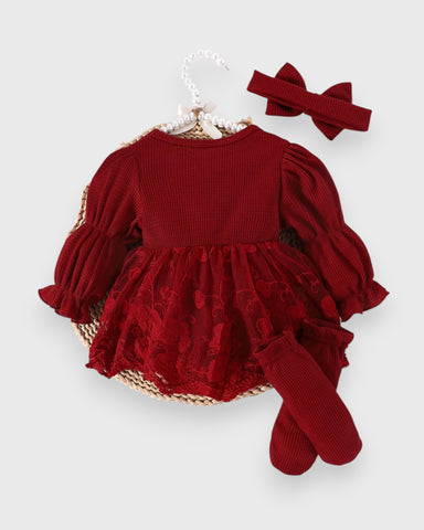 3 Pc Baby Girl Waffle Knit Lave Overlay Bodysuit