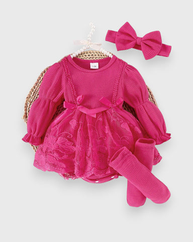 3 Pc Baby Girl Waffle Knit Lave Overlay Bodysuit