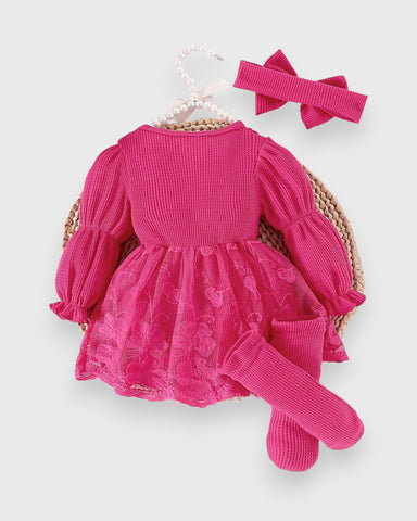 3 Pc Baby Girl Waffle Knit Lave Overlay Bodysuit