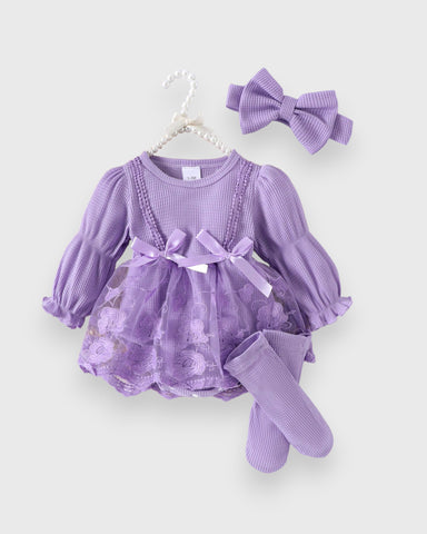 3 Pc Baby Girl Waffle Knit Lave Overlay Bodysuit