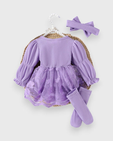 3 Pc Baby Girl Waffle Knit Lave Overlay Bodysuit