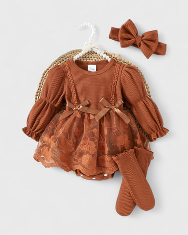 3 Pc Baby Girl Waffle Knit Lave Overlay Bodysuit