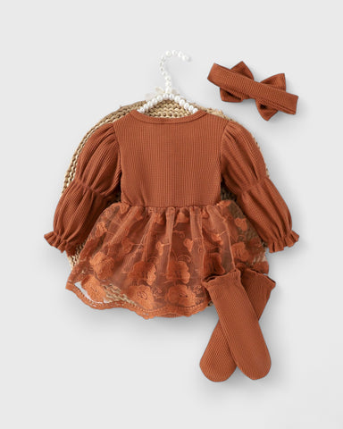 3 Pc Baby Girl Waffle Knit Lave Overlay Bodysuit