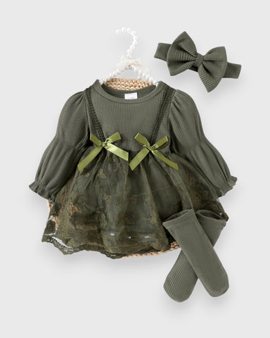 3 Pc Baby Girl Waffle Knit Lave Overlay Bodysuit