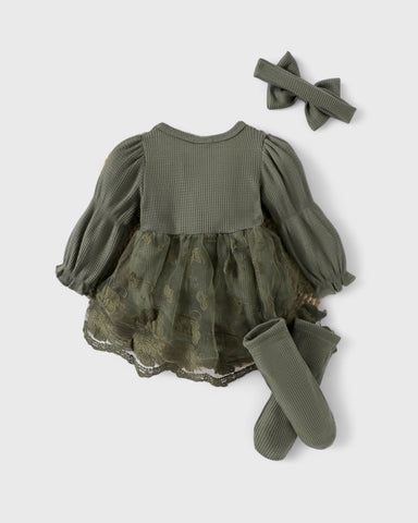 3 Pc Baby Girl Waffle Knit Lave Overlay Bodysuit