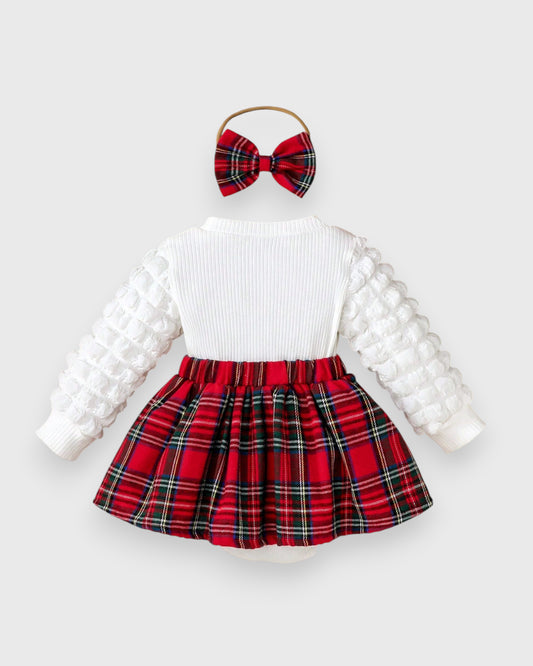 3 Pcs Baby Girl Knit Bubble Sleeve Plaid Dress