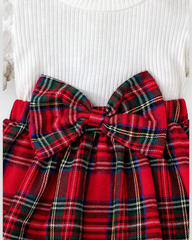 3 Pcs Baby Girl Knit Bubble Sleeve Plaid Dress