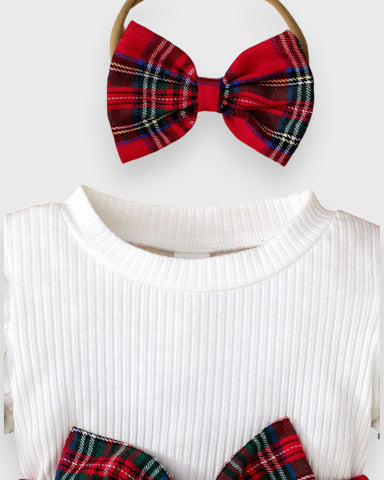 3 Pcs Baby Girl Knit Bubble Sleeve Plaid Dress