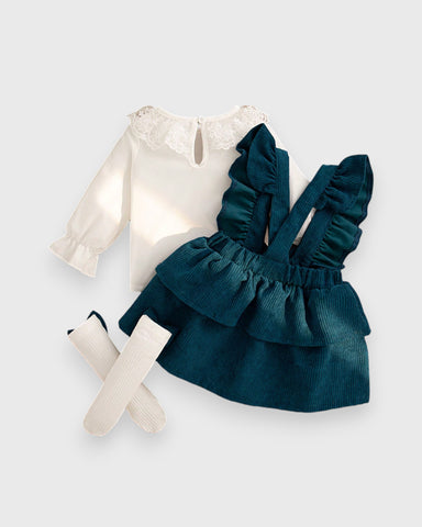 3 Pc Baby Girl Corduroy Ruffle Collar Dress