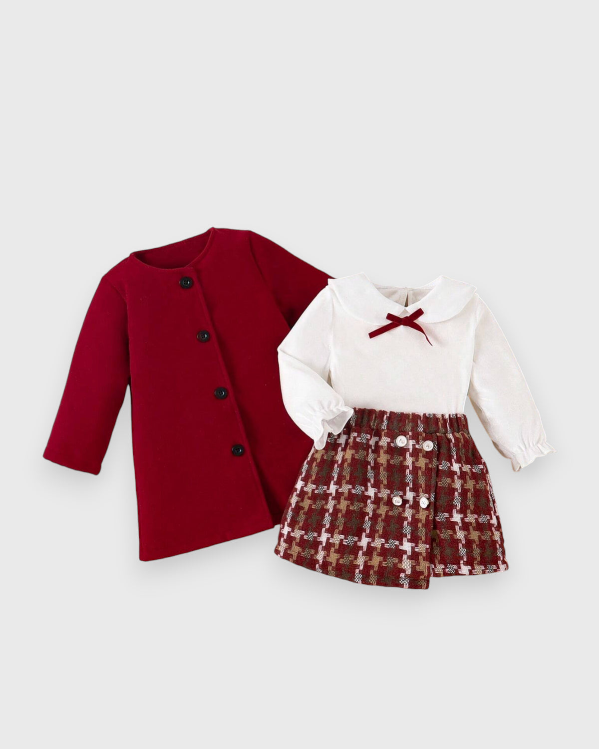 3 pcs Baby Girl Pea Coat and Plaid Skirt Set
