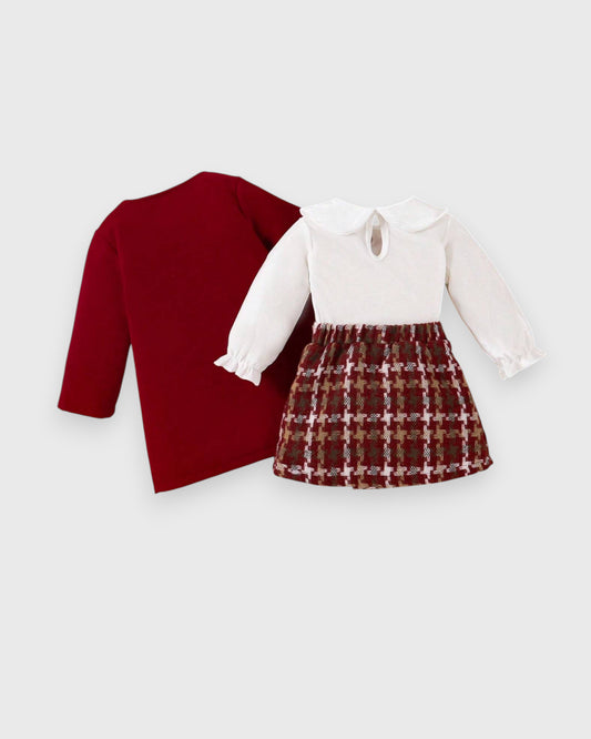 3 pcs Baby Girl Pea Coat and Plaid Skirt Set