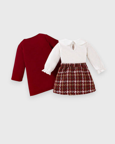 3 pcs Baby Girl Pea Coat and Plaid Skirt Set