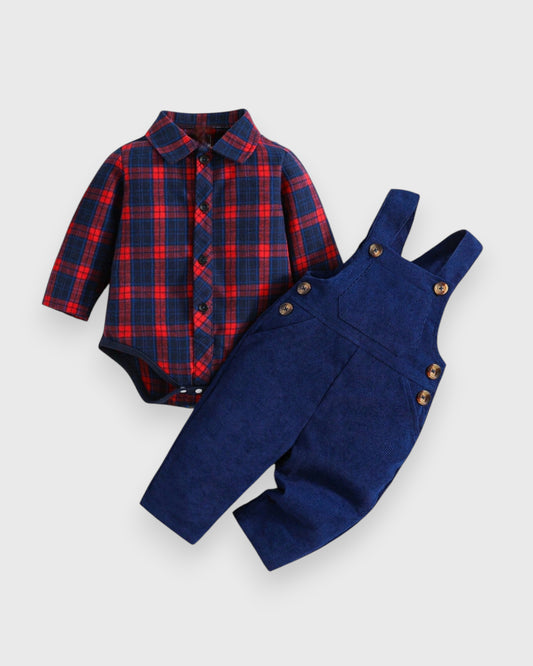 Baby Boy Corduroy Overall Pants with Plaid Bodysuit