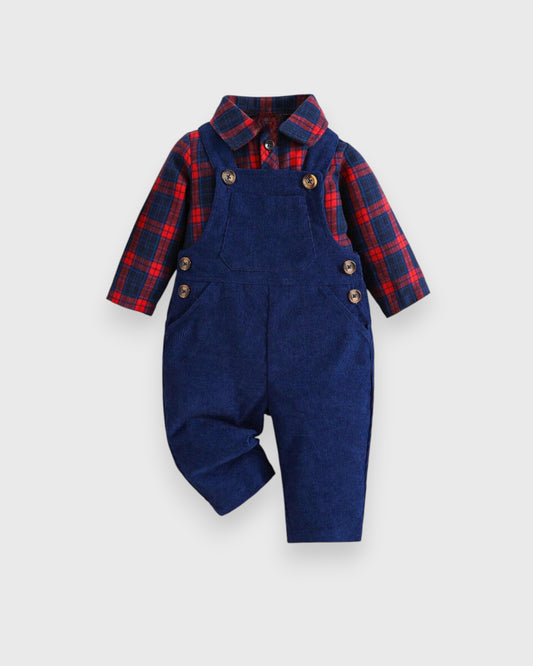 Baby Boy Corduroy Overall Pants with Plaid Bodysuit