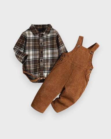 Baby Boy Corduroy Overall Pants with Plaid Bodysuit