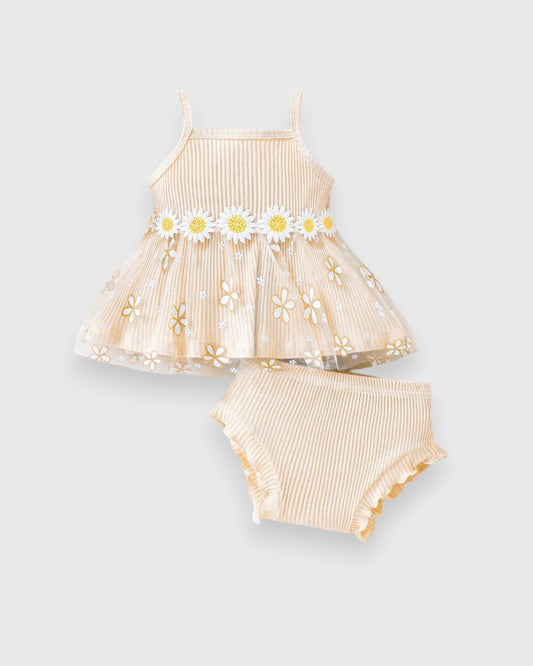 2 Pcs Baby Girl Daisy Rib Cami Sheer Peplum top with Shorts Set
