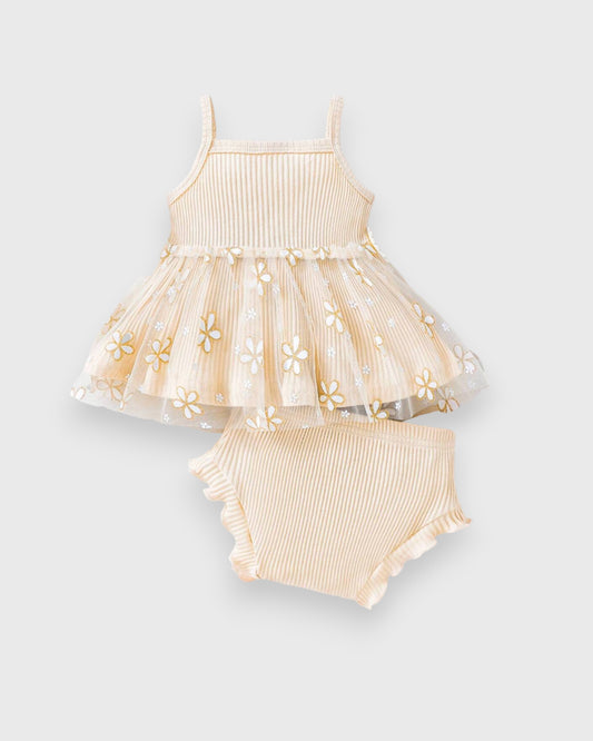2 Pcs Baby Girl Daisy Rib Cami Sheer Peplum top with Shorts Set