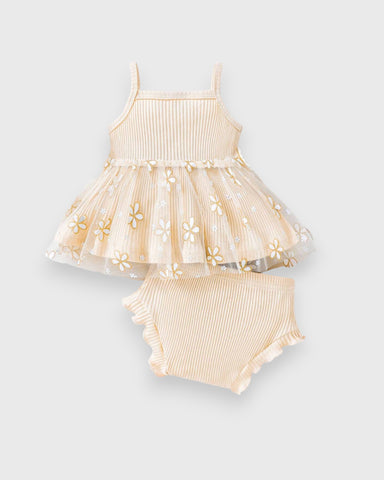 2 Pcs Baby Girl Daisy Rib Cami Sheer Peplum top with Shorts Set