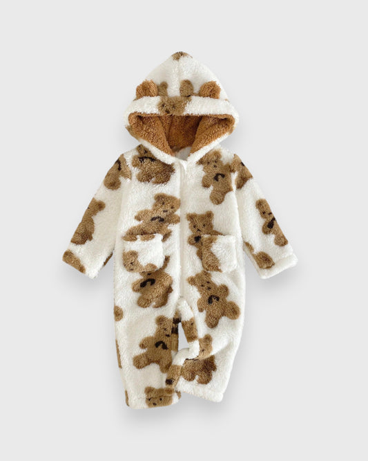 Baby Boy Girl Winter Fall Brown Teddy Bear Fleece Zipper Onesie Romper
