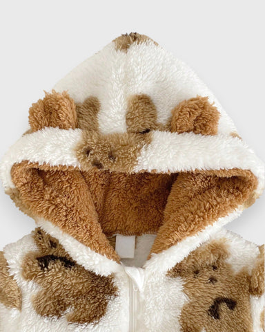 Baby Boy Girl Winter Fall Brown Teddy Bear Fleece Zipper Onesie Romper