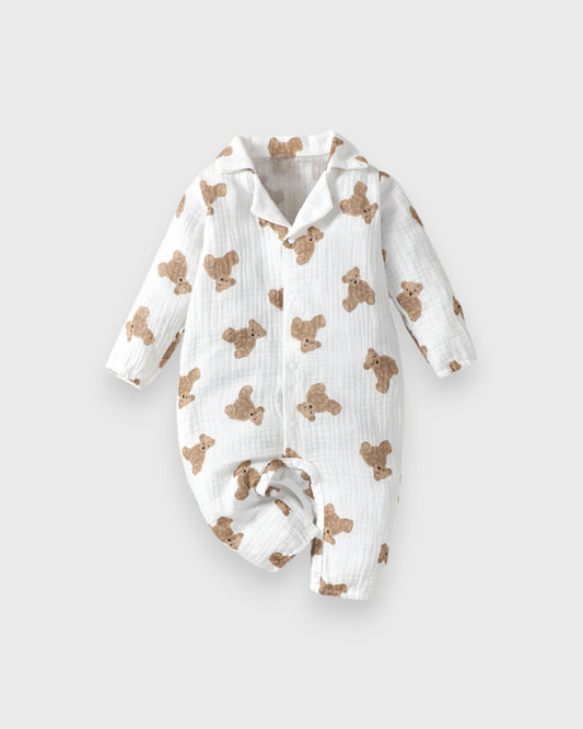 Baby Boy Girl Cotton Brown Bear Print Waffle Jumpsuit Pyjama