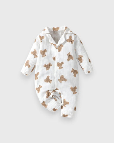 Baby Boy Girl Cotton Brown Bear Print Waffle Jumpsuit Pyjama