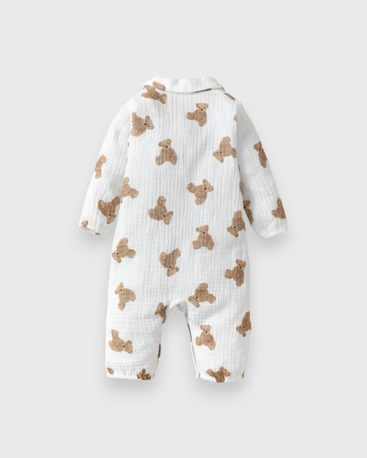 Baby Boy Girl Cotton Brown Bear Print Waffle Jumpsuit Pyjama