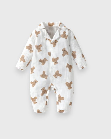 Baby Boy Girl Cotton Brown Bear Print Waffle Jumpsuit Pyjama
