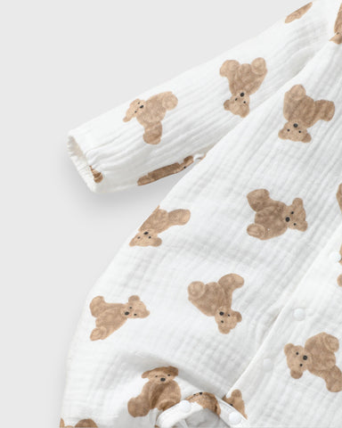 Baby Boy Girl Cotton Brown Bear Print Waffle Jumpsuit Pyjama