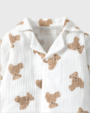 Baby Boy Girl Cotton Brown Bear Print Waffle Jumpsuit Pyjama