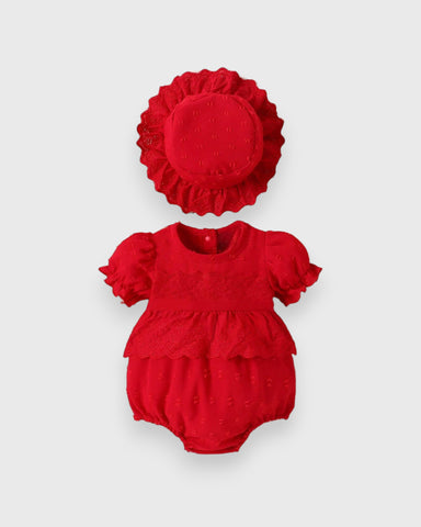 2 Pc  Infant baby Girl Swiss Dot Puff Sleeve Eyelet Bodysuit with Hat
