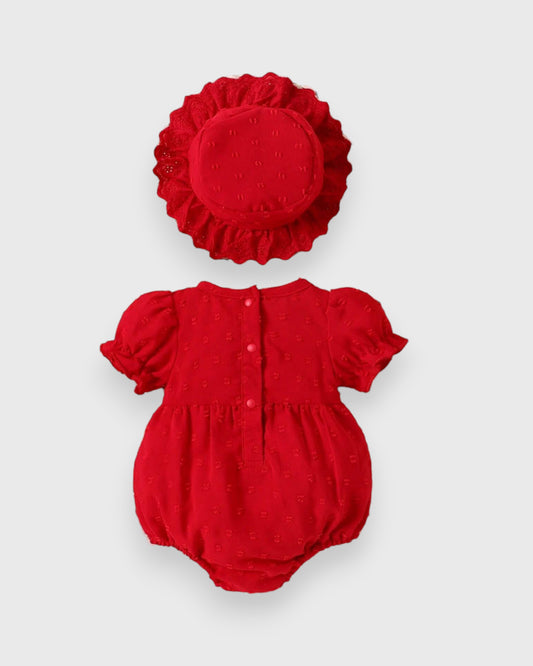 2 Pc  Infant baby Girl Swiss Dot Puff Sleeve Eyelet Bodysuit with Hat