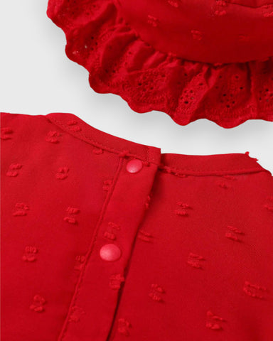 2 Pc  Infant baby Girl Swiss Dot Puff Sleeve Eyelet Bodysuit with Hat