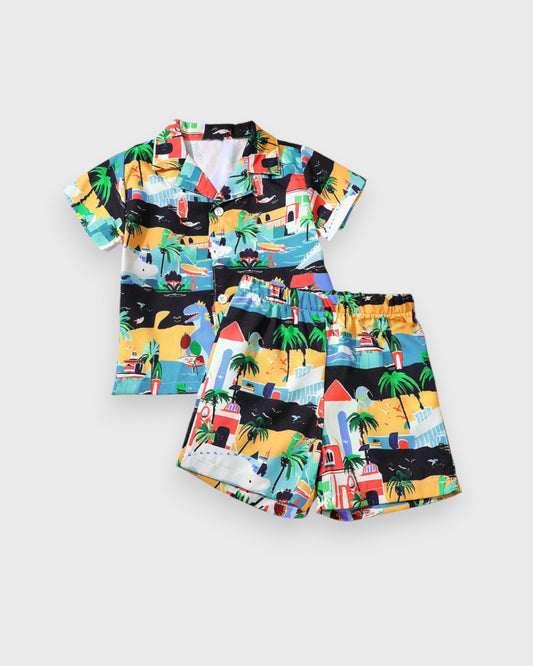 2 Piece Baby Boy Tropical Hawaiian Print button Shirt Shorts Set