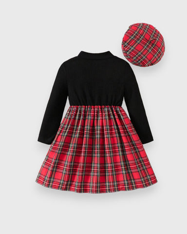 Girls 2 Pc Faux Plaid Overall Dress With Beret