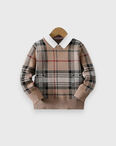 Toddler Boys Plaid Crew neck Knit Collared Sweater
